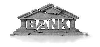 Monochrome illustration of a classic bank building façade with large letters spelling "bank".