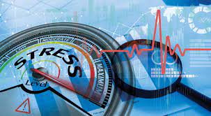 A conceptual image of a compass with a stress level indicator pointing to high, overlaid with a heartbeat graph and warning signs, illustrating high stress levels and potential health risks.