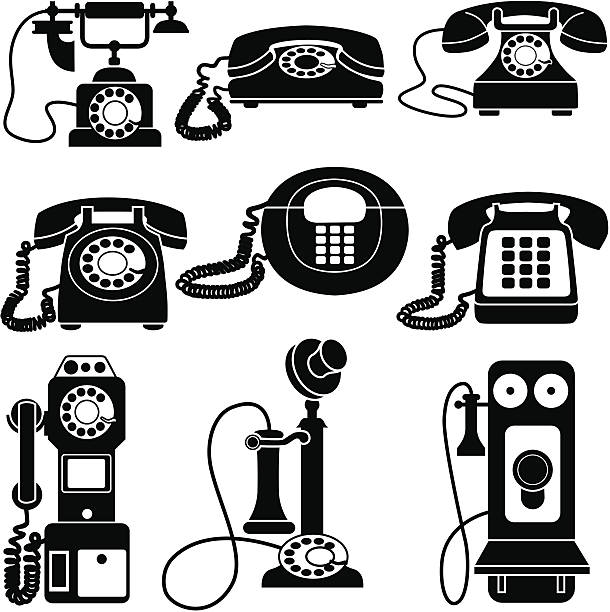 Collection of various vintage and classic telephone icons in black and white.